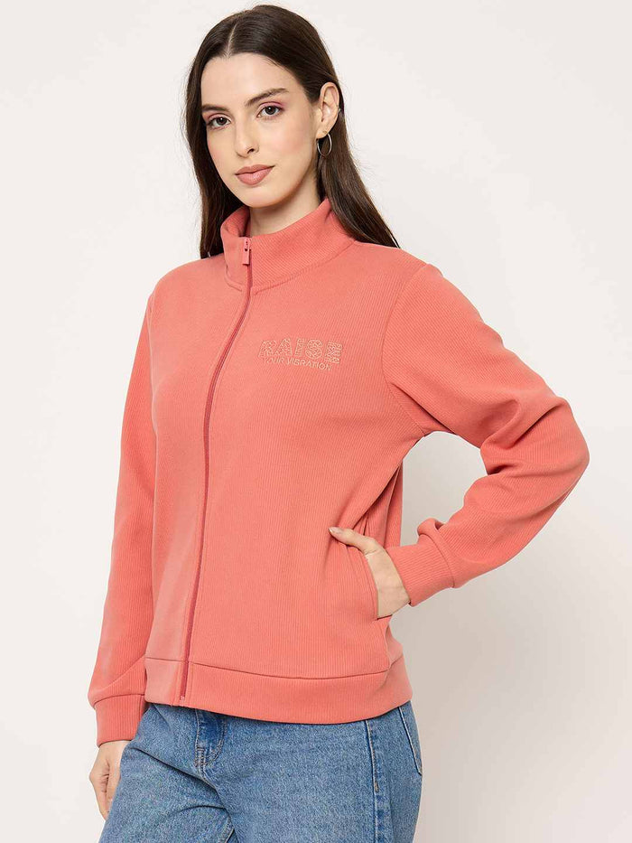 Madame Mock Neck Solid Peach Sweatshirt