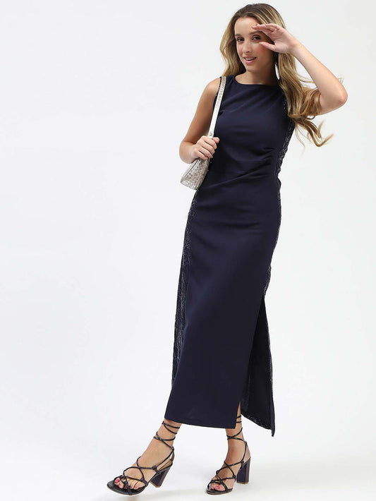 Madame Navy Sequin Detailing Sleeveless Dress
