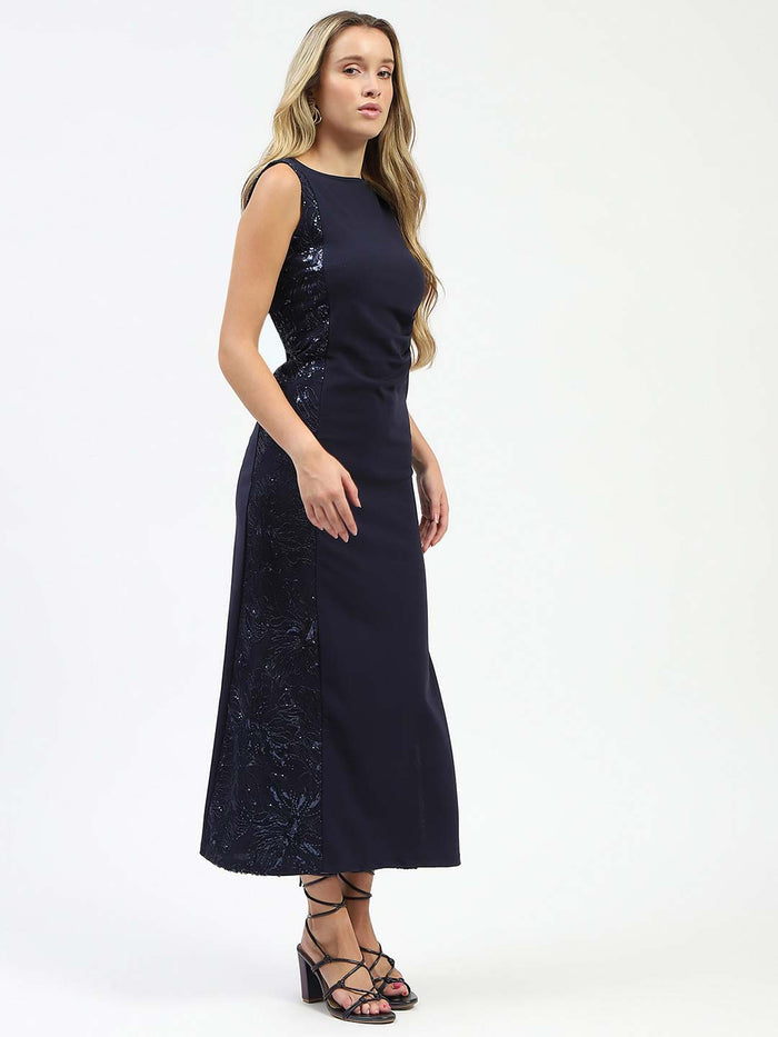 Madame Navy Sequin Detailing Sleeveless Dress
