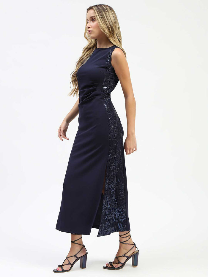 Madame Navy Sequin Detailing Sleeveless Dress