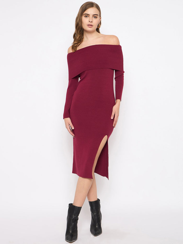Madame Off Shoulder Wine Red Knit Midi Dress