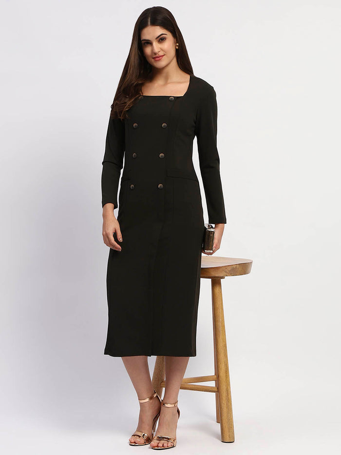 Madame Olive Green Double-Breasted Detailing Long Dress