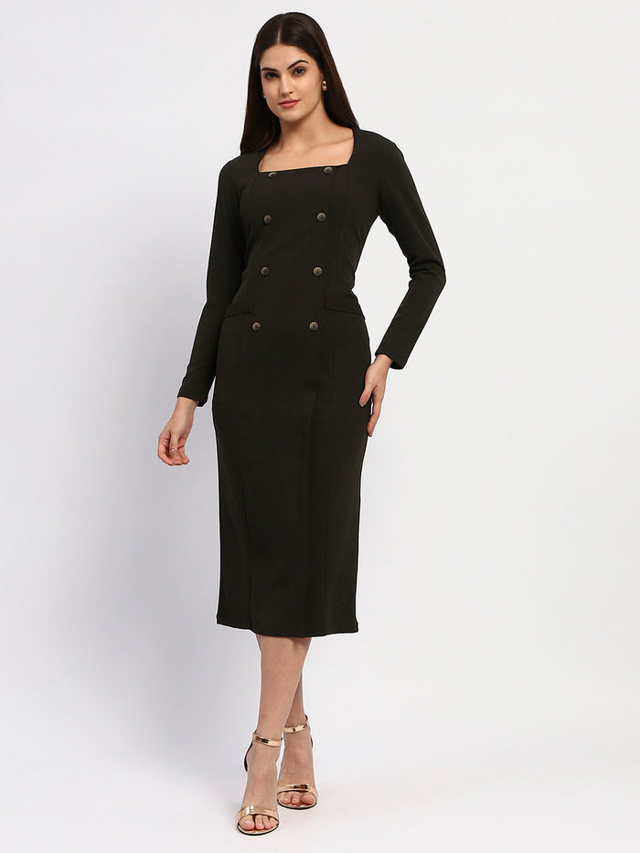 Madame Olive Green Double-Breasted Detailing Long Dress
