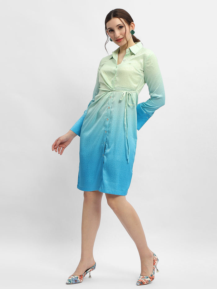 Madame Ombre Effect Sky Blue Tie-Waist Shirt Dress