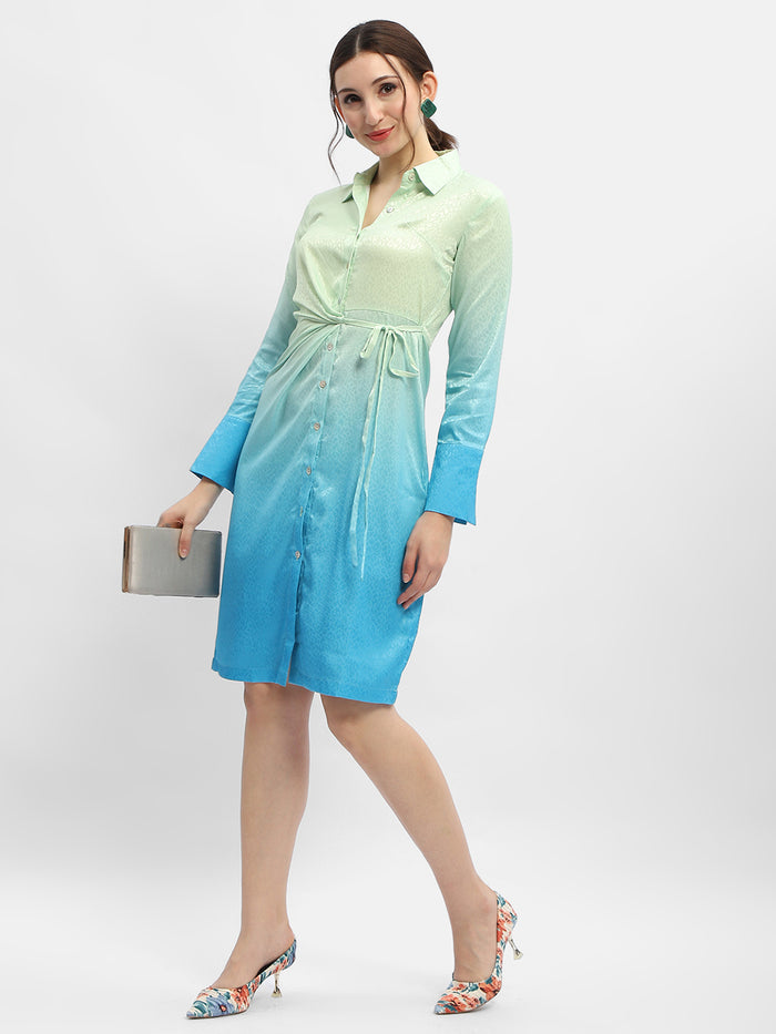 Madame Ombre Effect Sky Blue Tie-Waist Shirt Dress