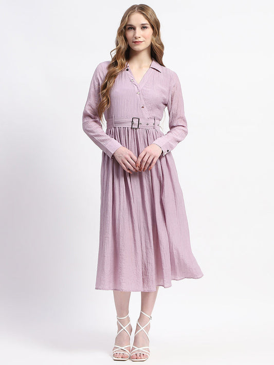 Madame Pleated Cotton Blend Mauve Shirt Dress