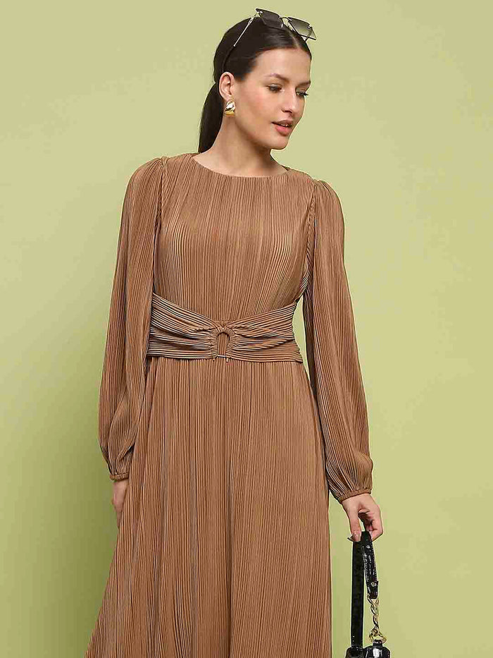 Madame Pleated Front Buckle Detailed Solid Golden Maxi Dress