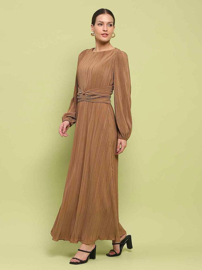 Madame Pleated Front Buckle Detailed Solid Golden Maxi Dress
