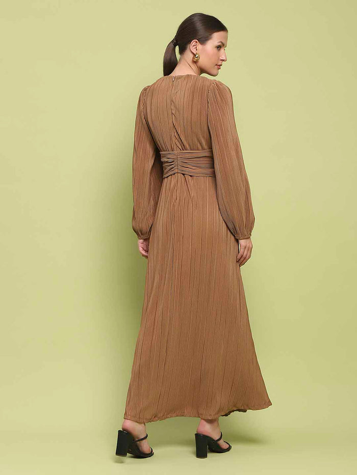 Madame Pleated Front Buckle Detailed Solid Golden Maxi Dress