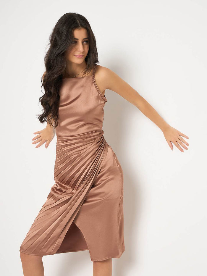 Madame Pleated Satin Light Brown Midi Dress