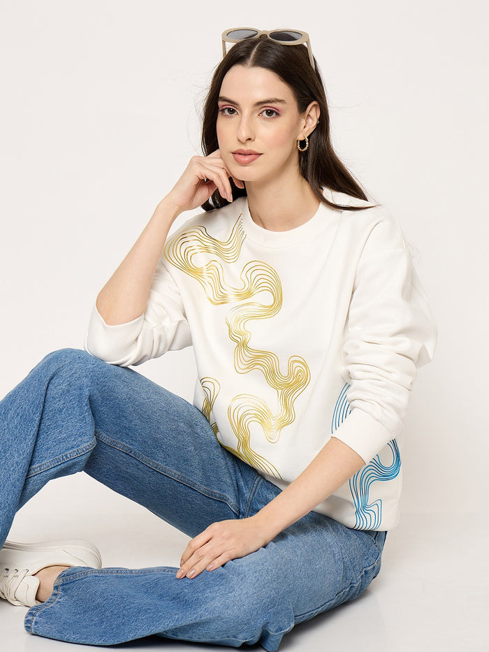 Madame Printed Crew Neck White Sweater