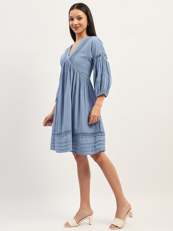 Madame Puff Sleeve Fit And Flare Cotton Blue Midi Dress