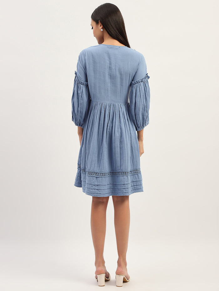 Madame Puff Sleeve Fit And Flare Cotton Blue Midi Dress