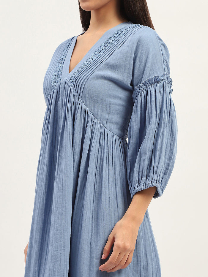 Madame Puff Sleeve Fit And Flare Cotton Blue Midi Dress