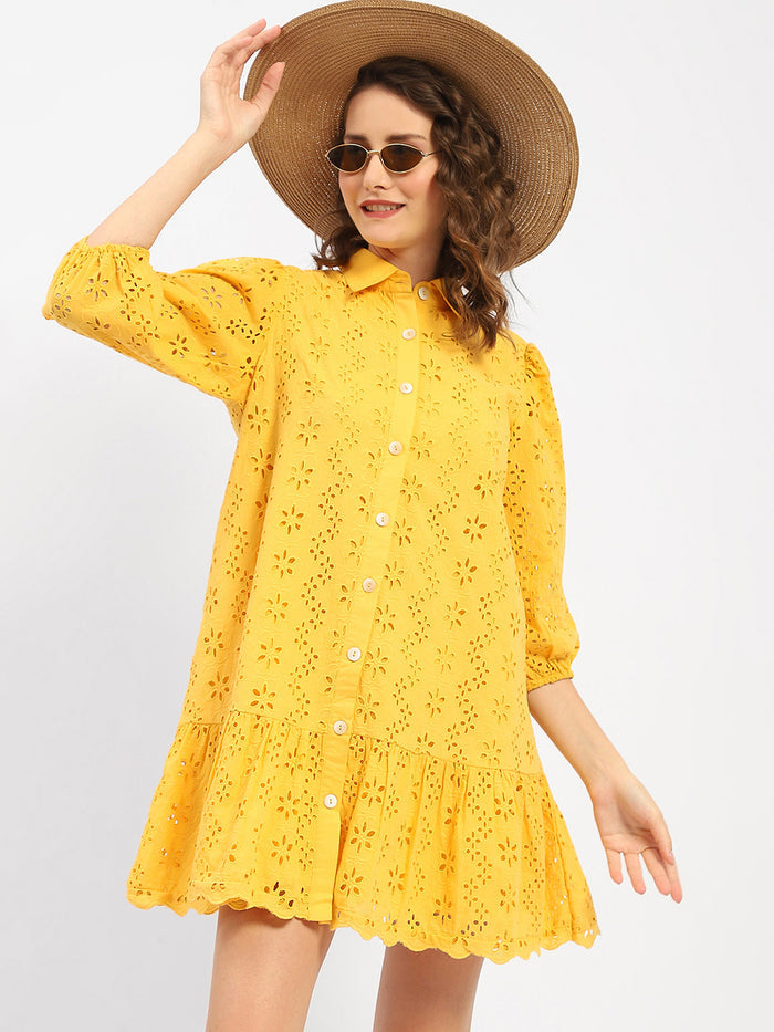 Madame Schiffli Mustard Yellow Tiered Shirt Dress