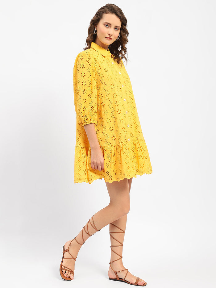 Madame Schiffli Mustard Yellow Tiered Shirt Dress