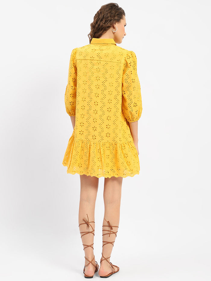 Madame Schiffli Mustard Yellow Tiered Shirt Dress