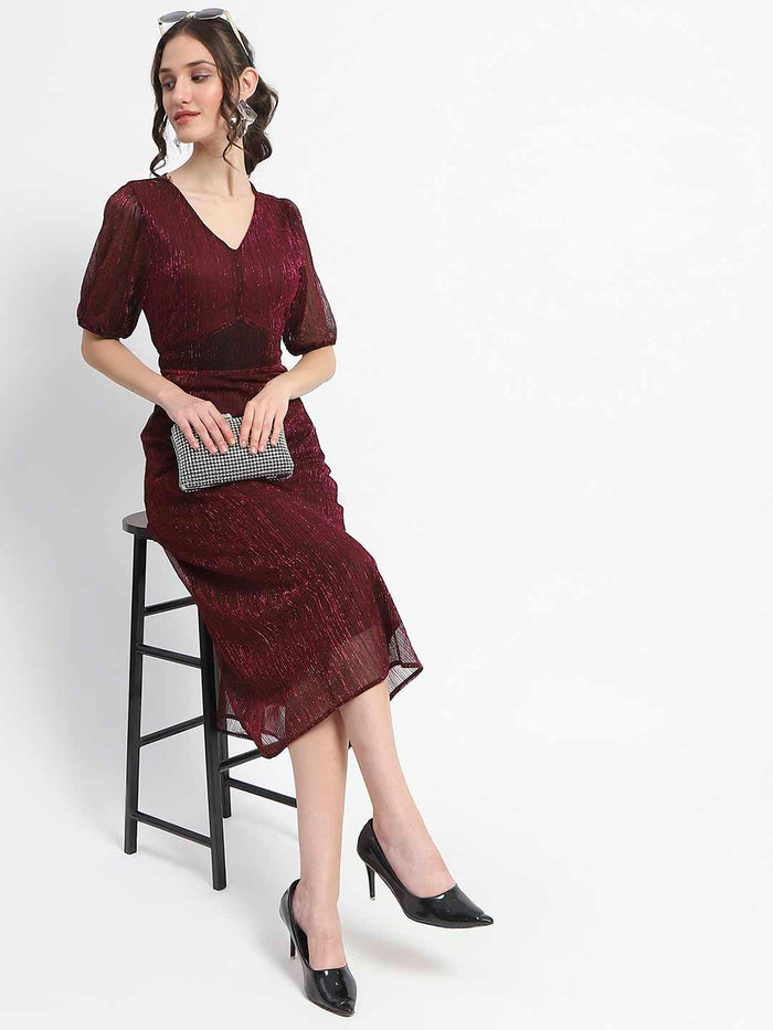 Madame Shimmery Corset Detailed Puff Sleeved Plum Midi Dress