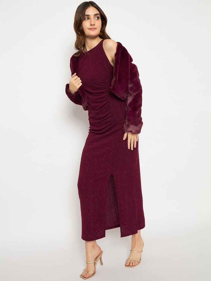 Madame Shimmery Gathered Detail Bodycon Wine Maxi Dress