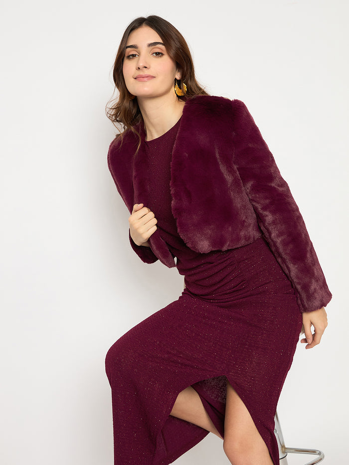Madame Shimmery Gathered Detail Bodycon Wine Maxi Dress