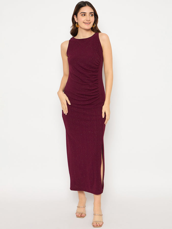 Madame Shimmery Gathered Detail Bodycon Wine Maxi Dress