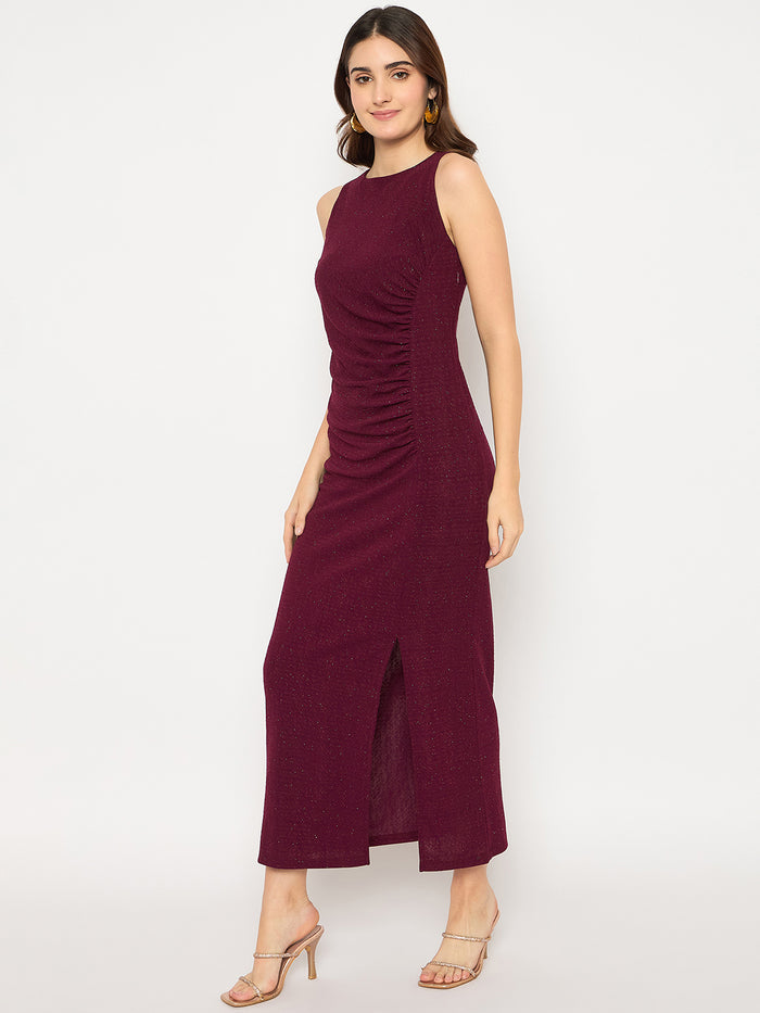 Madame Shimmery Gathered Detail Bodycon Wine Maxi Dress
