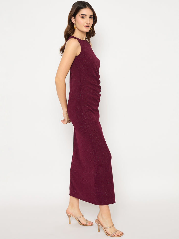 Madame Shimmery Gathered Detail Bodycon Wine Maxi Dress