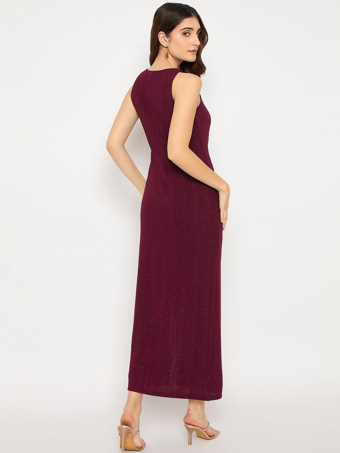 Madame Shimmery Gathered Detail Bodycon Wine Maxi Dress
