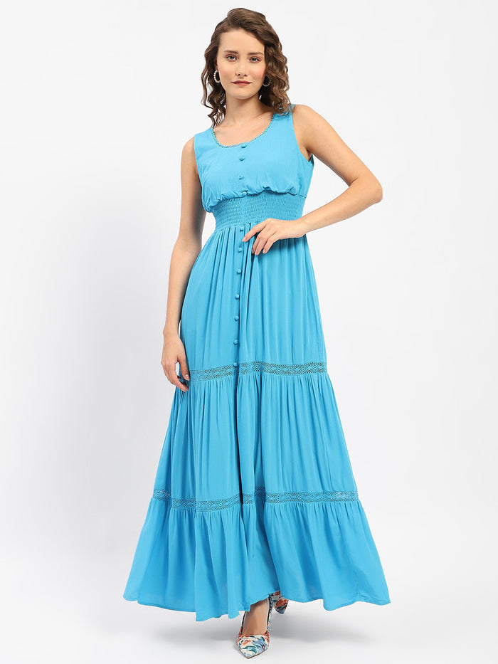 Madame Square Neckline Blue Tiered Dress