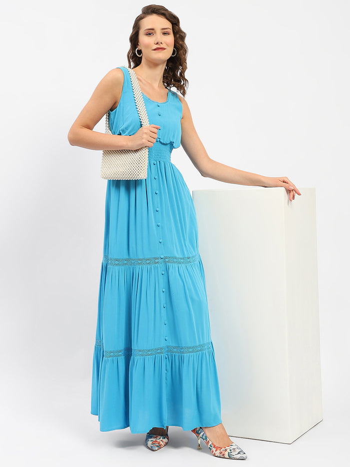 Madame Square Neckline Blue Tiered Dress