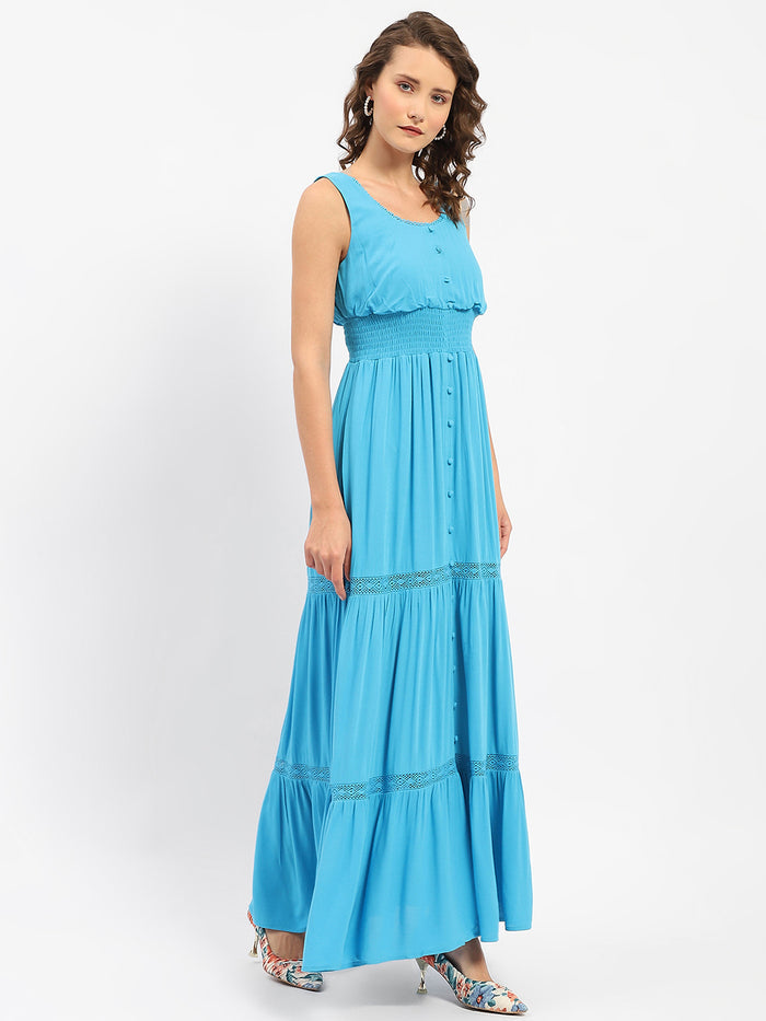 Madame Square Neckline Blue Tiered Dress
