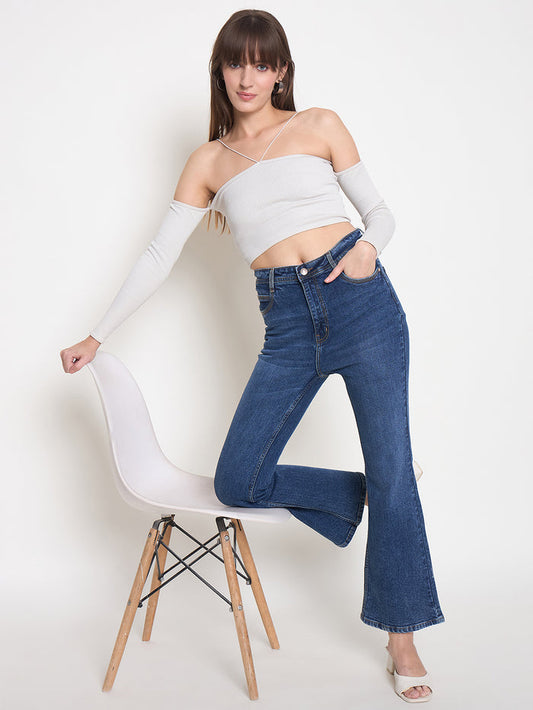Madame Stone Wash Dark Blue Whiskered Flared Jeans