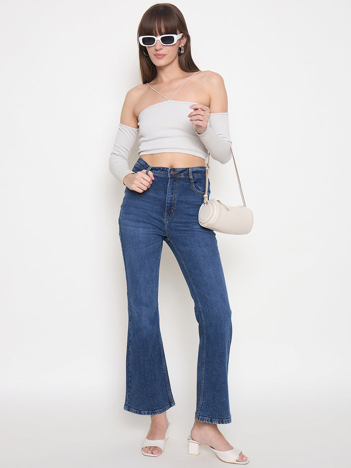 Madame Stone Wash Dark Blue Whiskered Flared Jeans