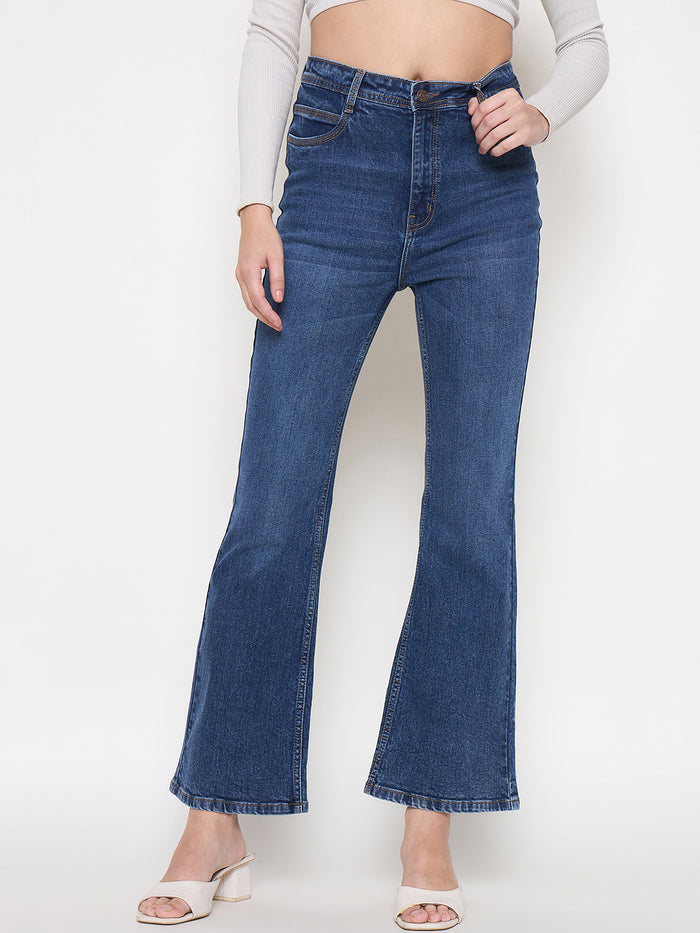 Madame Stone Wash Dark Blue Whiskered Flared Jeans