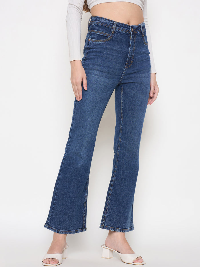 Madame Stone Wash Dark Blue Whiskered Flared Jeans