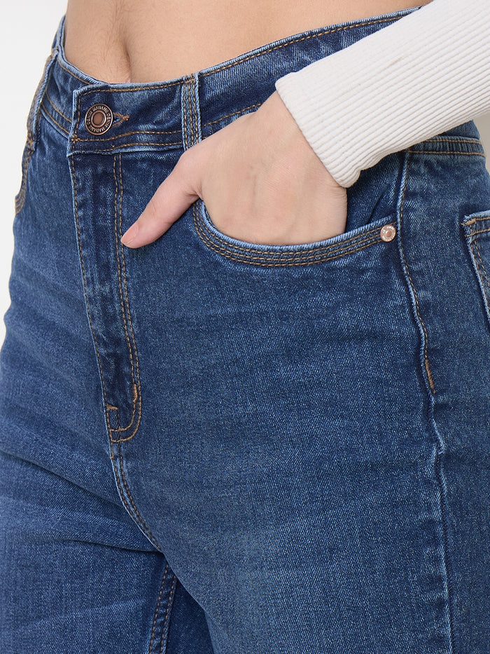 Madame Stone Wash Dark Blue Whiskered Flared Jeans