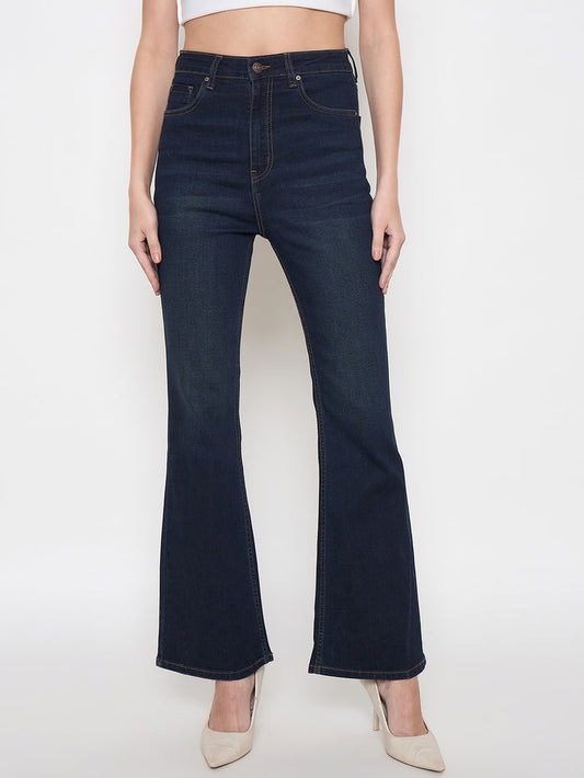Madame Cotton Blend Stone Wash Mid Night Blue Flared Jeans