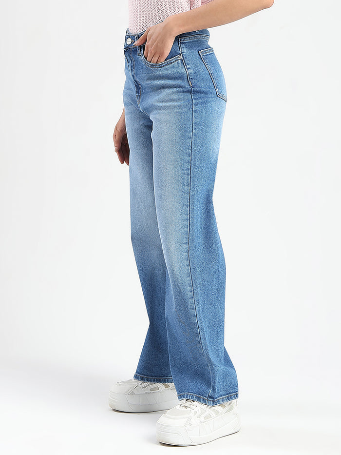 Madame Stone Wash Wide Leg Light Blue Cotton Blend Jeans