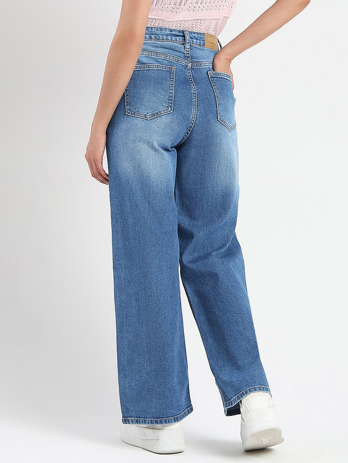 Madame Stone Wash Wide Leg Light Blue Cotton Blend Jeans