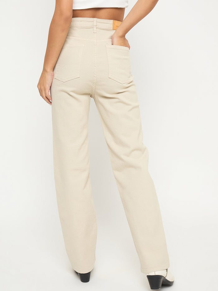 Madame Straight Fit Cotton Blend Solid Beige Jeans
