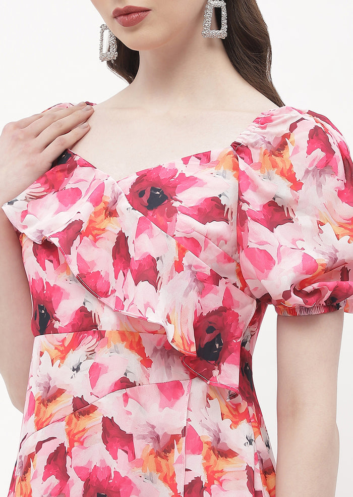 Madame Sweetheart Neck Hot Pink Floral Maxi Dress