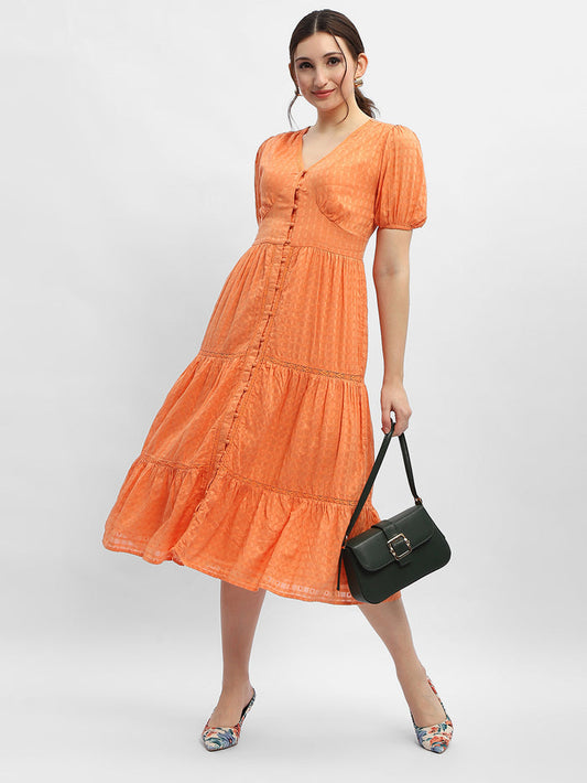 Madame V-Neck Orange Tiered Maxi Dress