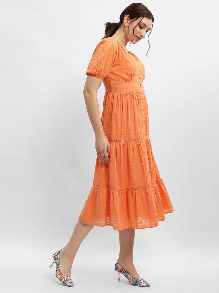 Madame V-Neck Orange Tiered Maxi Dress