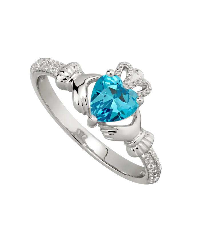 March Birthstone Aquamarine Sterling Silver Claddagh Ring