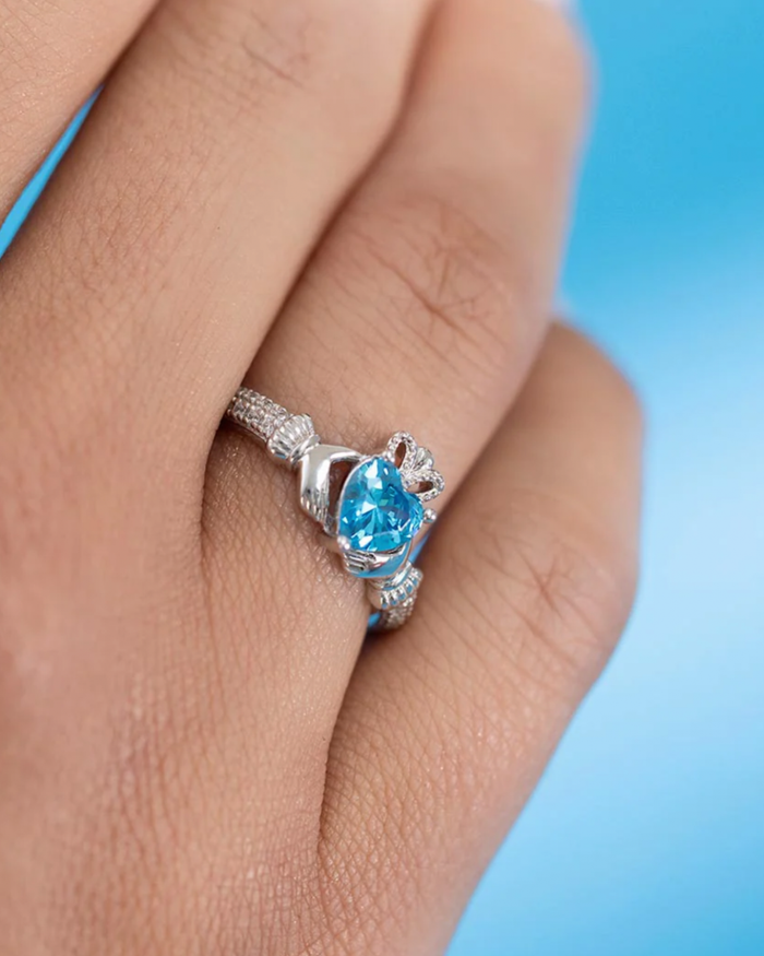 March Birthstone Aquamarine Sterling Silver Claddagh Ring