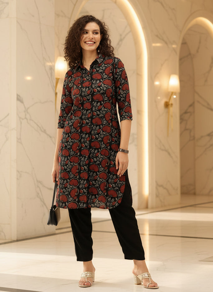 Maroon Pure Cotton Floral Printed Straight Kurta, Floral Print, Shirt Collar kurta, printed kurta