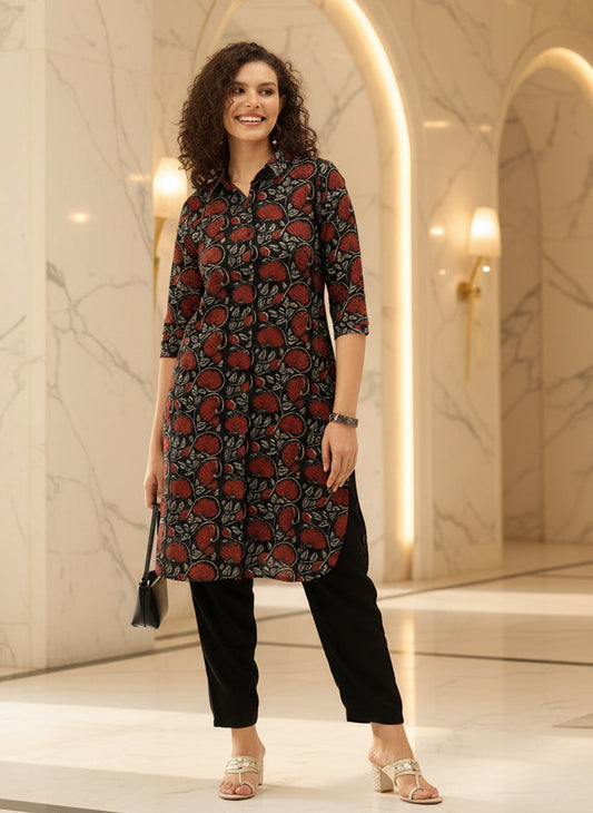 Maroon Pure Cotton Floral Printed Straight Kurta, Floral Print, Shirt Collar kurta, printed kurta