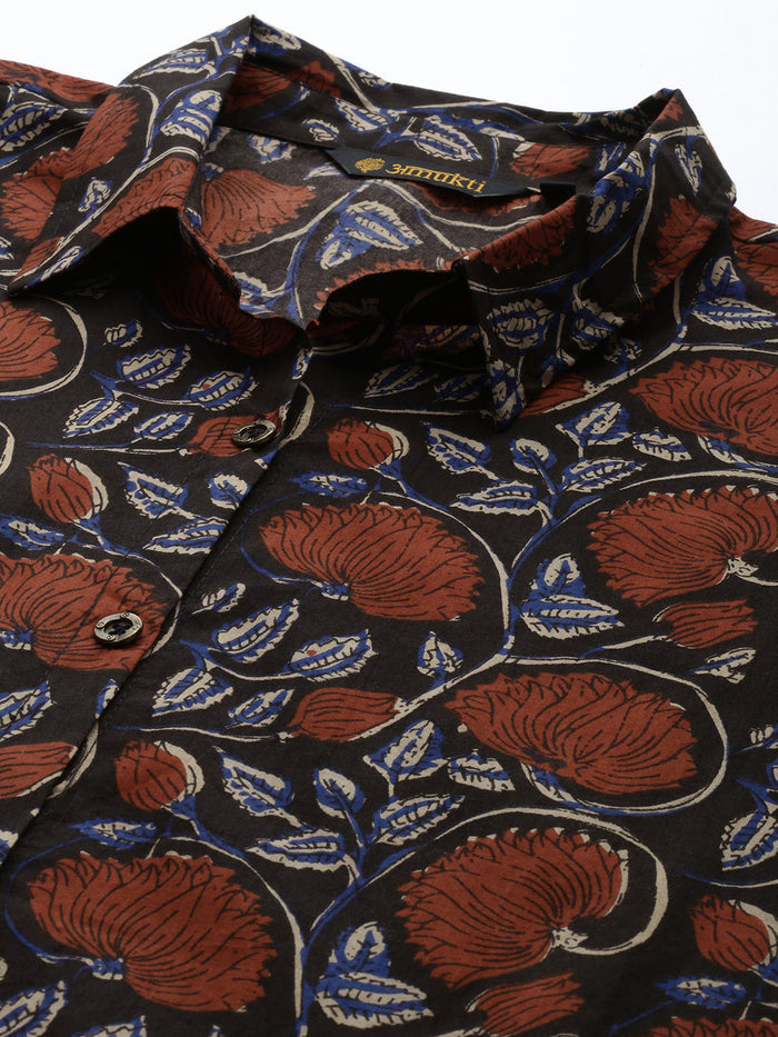 Maroon Pure Cotton Floral Printed Straight Kurta, Floral Print, Shirt Collar kurta, printed kurta