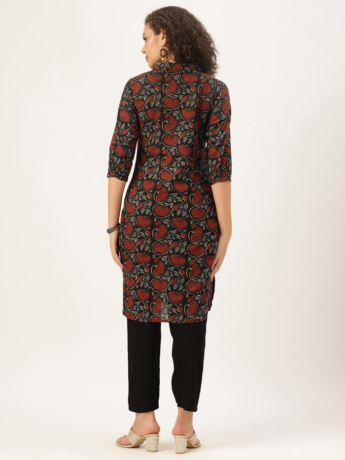 Maroon Pure Cotton Floral Printed Straight Kurta, Floral Print, Shirt Collar kurta, printed kurta