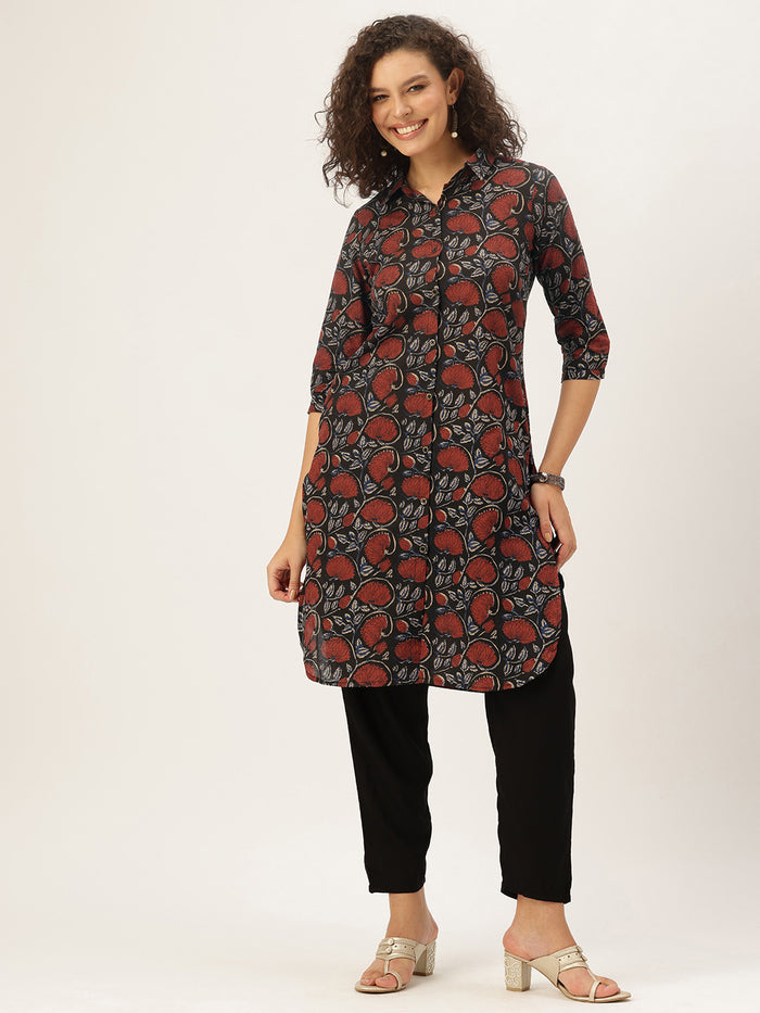 Maroon Pure Cotton Floral Printed Straight Kurta, Floral Print, Shirt Collar kurta, printed kurta